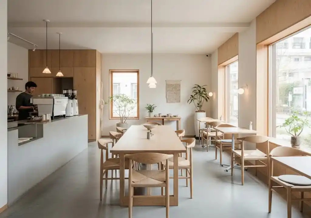 Cafe minimalis ala japandi dengan ciri khas warna natural