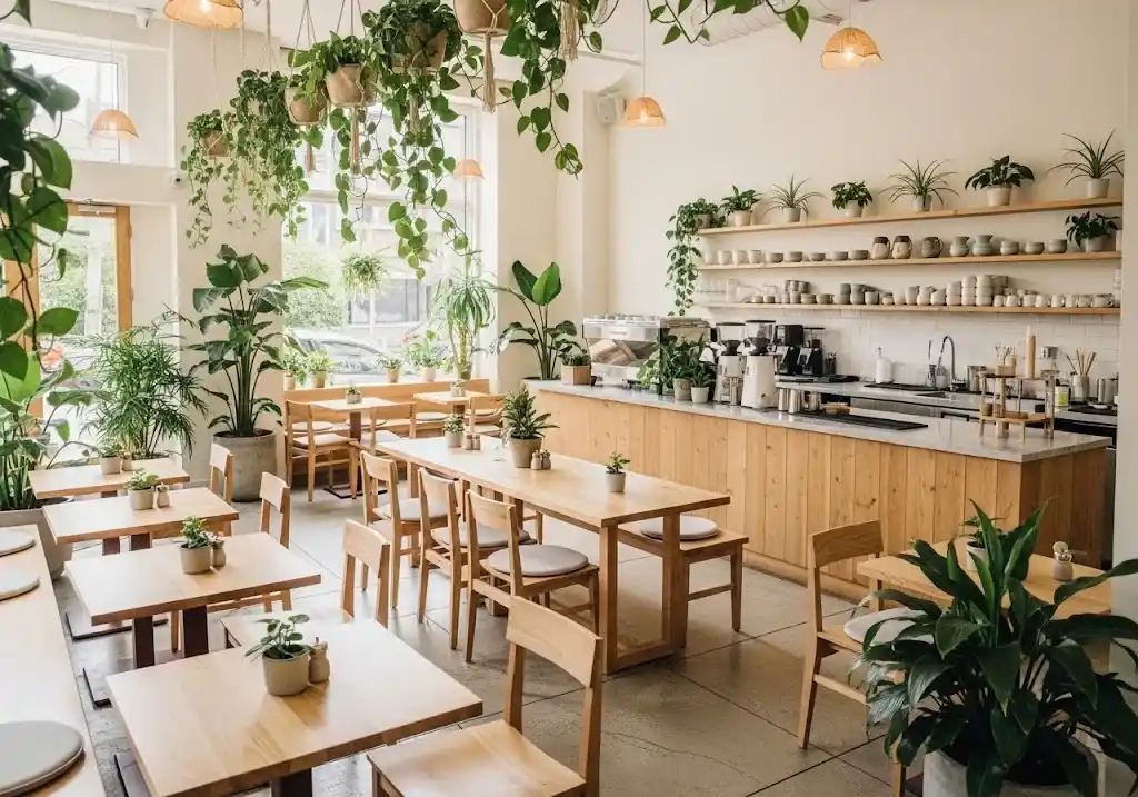 Cafe minimalis bergaya tropis dengan sentuhan alam yang menyegarkan