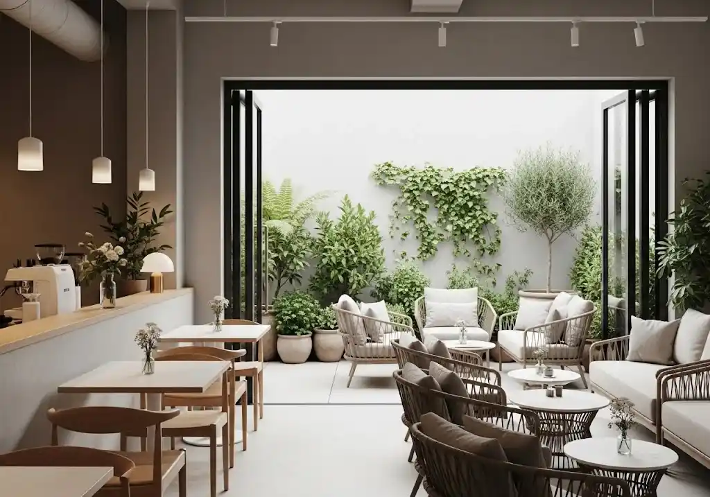 Cafe minimalis dengan area outdoor ruang terbuka yang adem dan instagramable