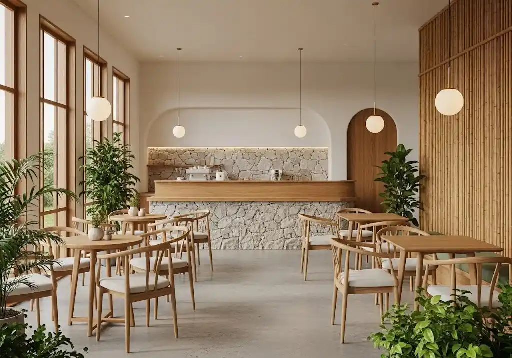 Cafe minimalis dengan material alami estetika kayu, bambu, dan batu alam.