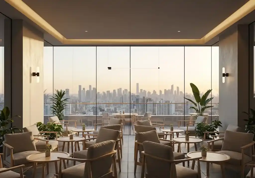 Cafe minimalis di rooftop kombinasi view kota dan desain kekinian