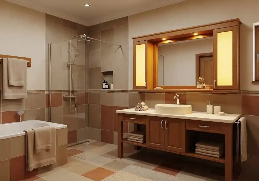 Desain kamar mandi dengan nuansa warm tone