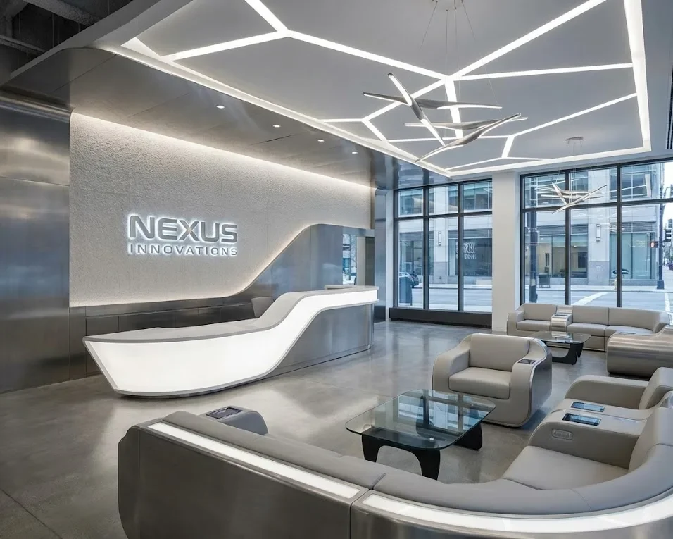 Desain Lobby Kantor Futuristic High Tech