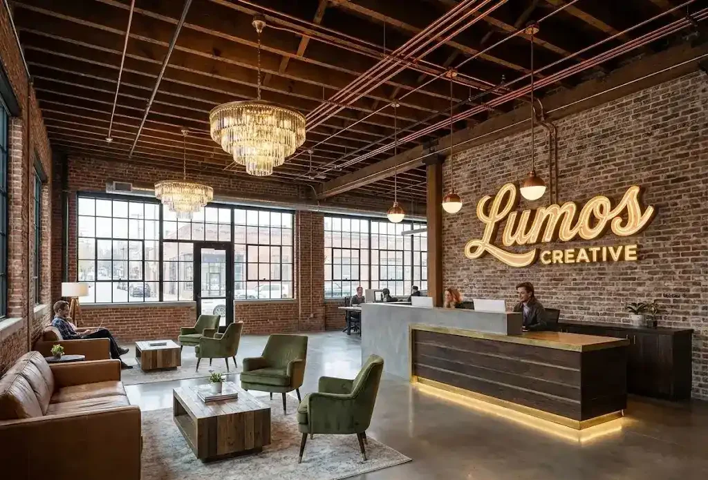 Desain Lobby Kantor Industrial Retro Style