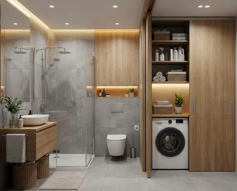 Kamar Mandi Kering dengan Lemari Khusus Mesin Cuci