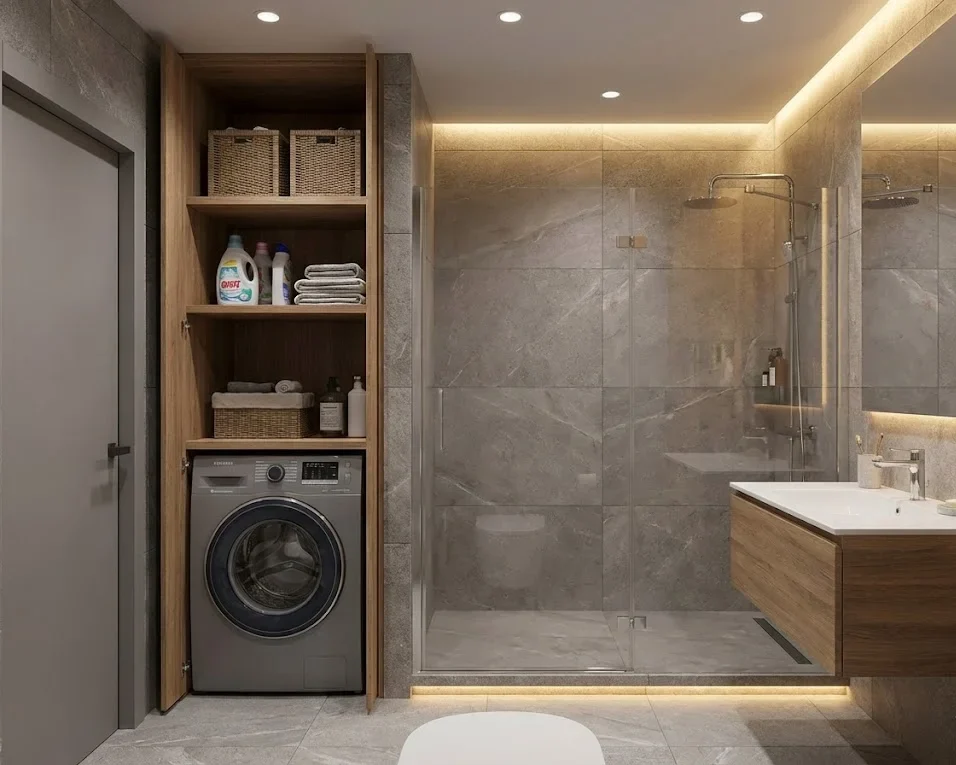 Kamar Mandi dan Mesin Cuci dengan Pemanfaatan Sudut Kamar Mandi