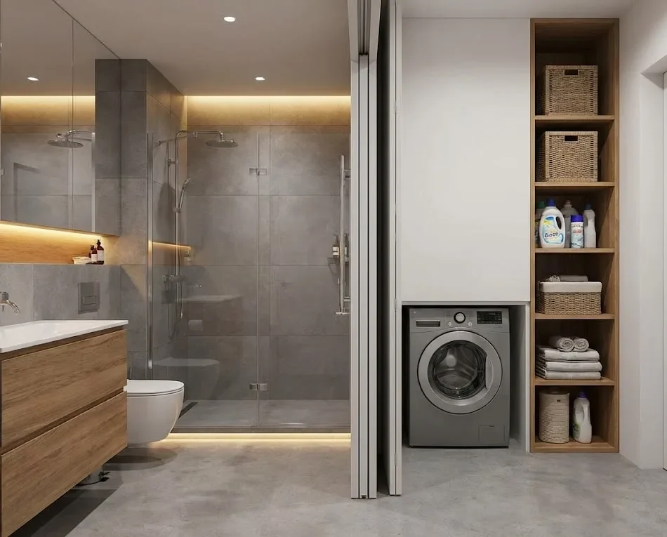 Kamar Mandi dan Mesin Cuci dengan Penggunaan Rak Laundry Vertikal