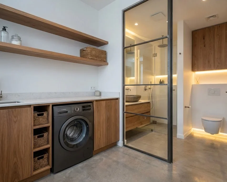 Mesin Cuci di Kamar Mandi dengan Partisi Ruangan Khusus