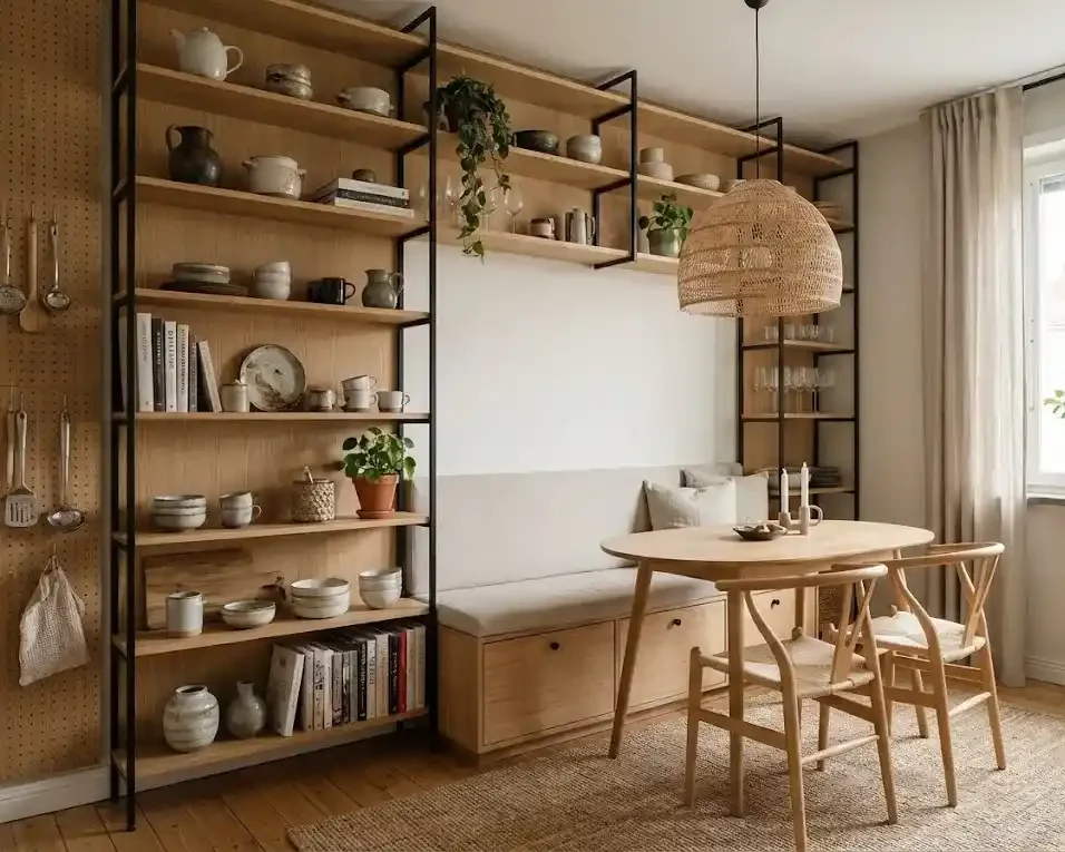 Desain ruang makan kecil dengan penyimpanan Vertikal untuk mengoptimalkan ruang