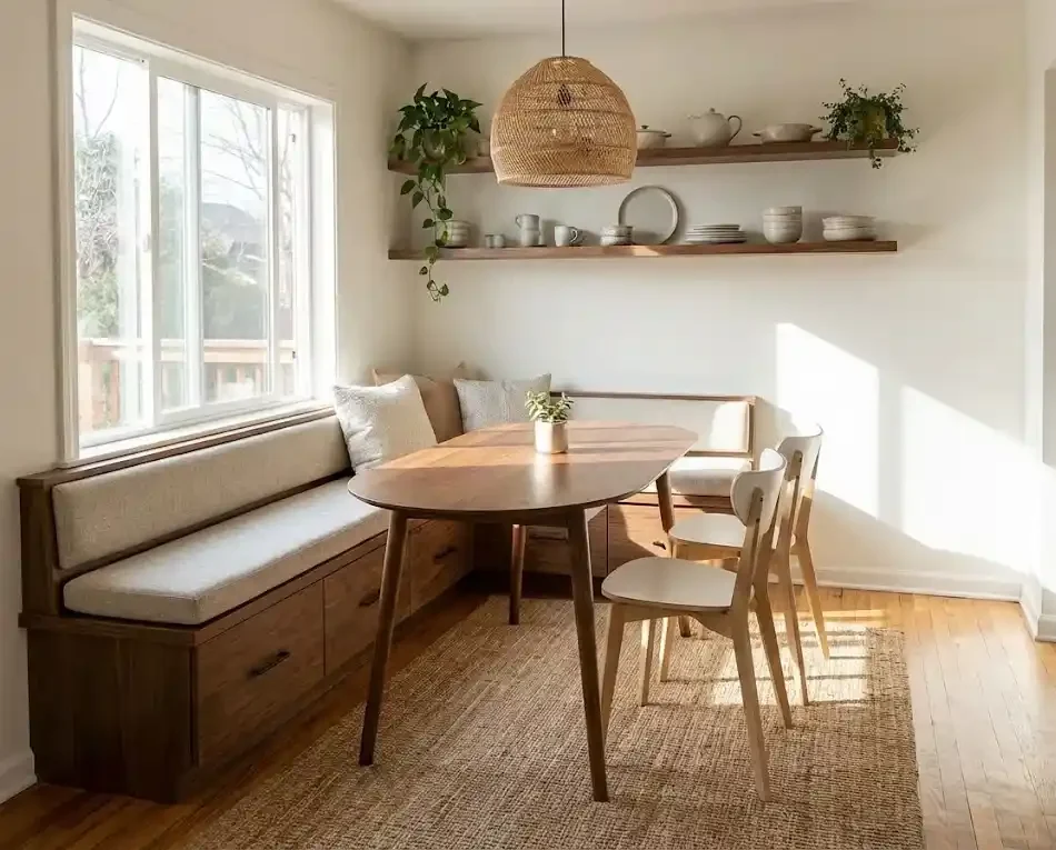 Desain ruang makan kecil yang memanfaatkan kursi yang hemat ruang