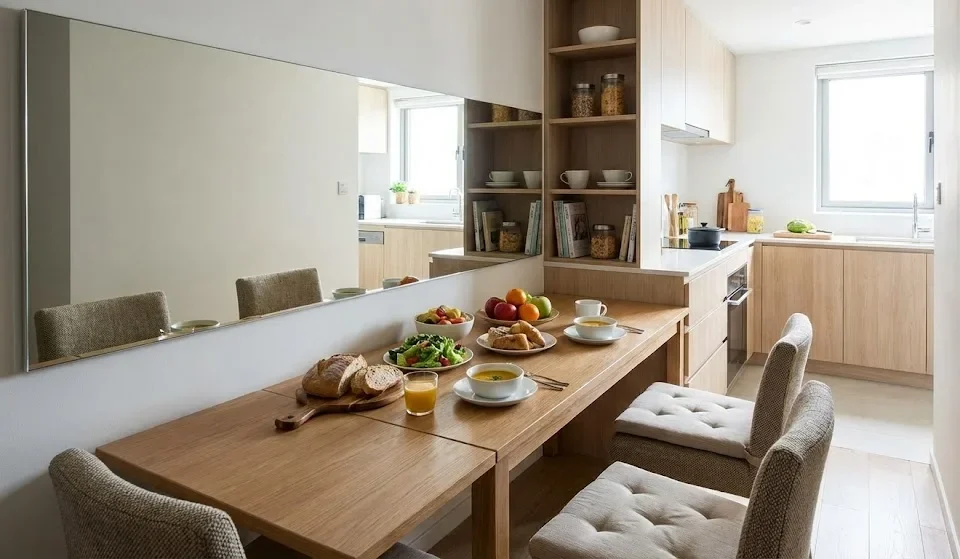 Penggunaan cermin pada desain ruang makan kecil agar ruangan terlihat lebih luas